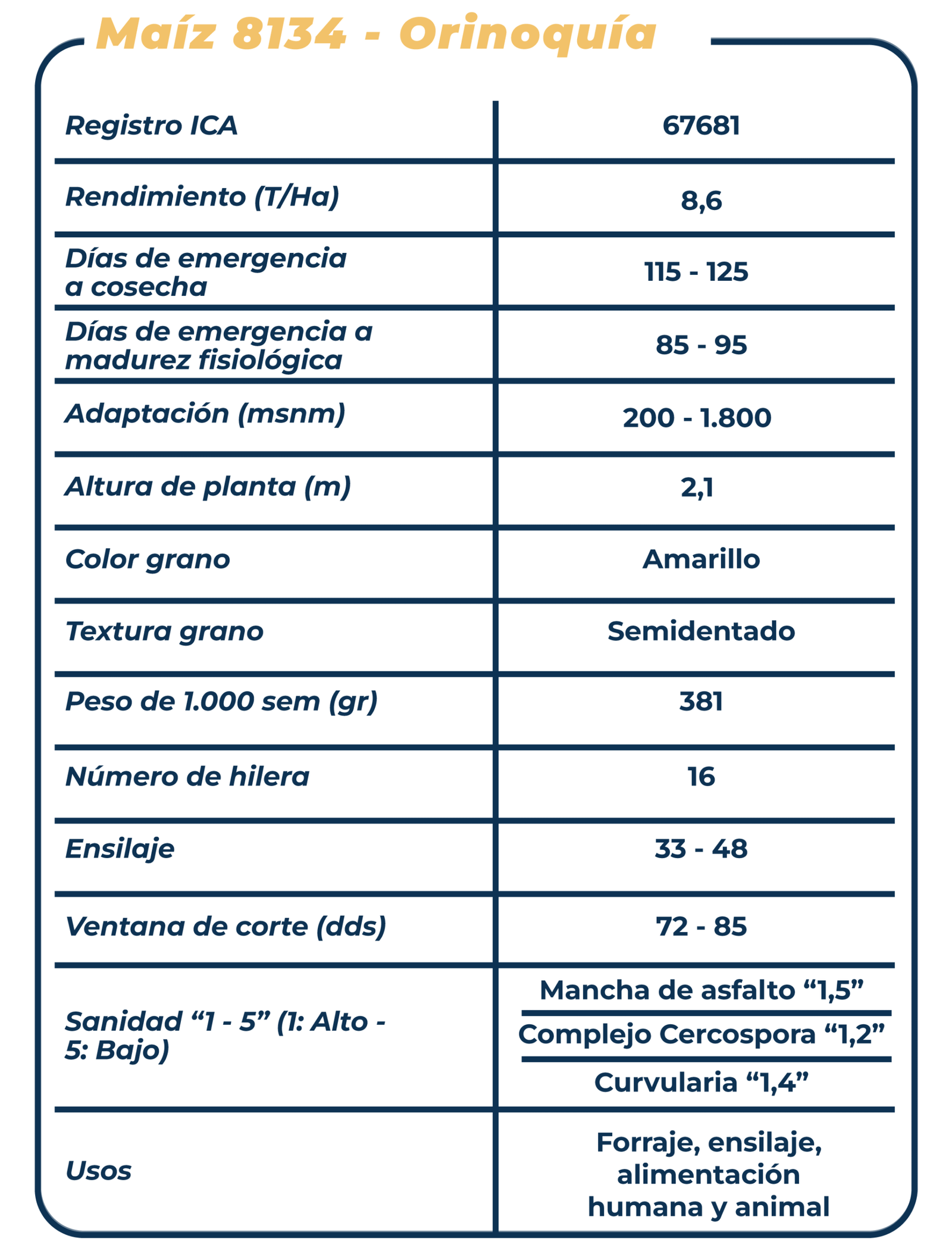 Ficha técnica Maíz 8134 - Orinoquía