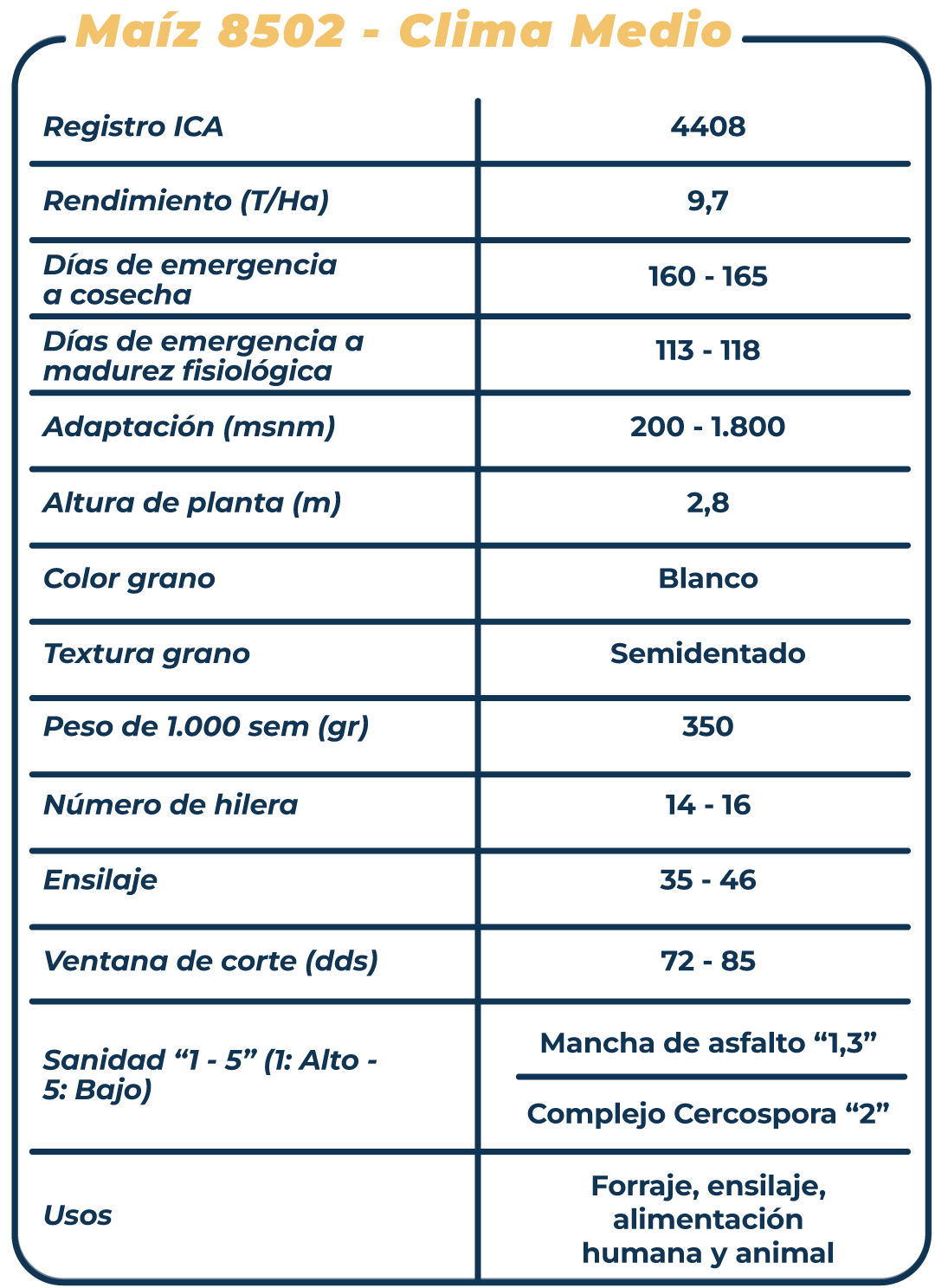 Ficha técnica Maíz 8502 - Clima medio